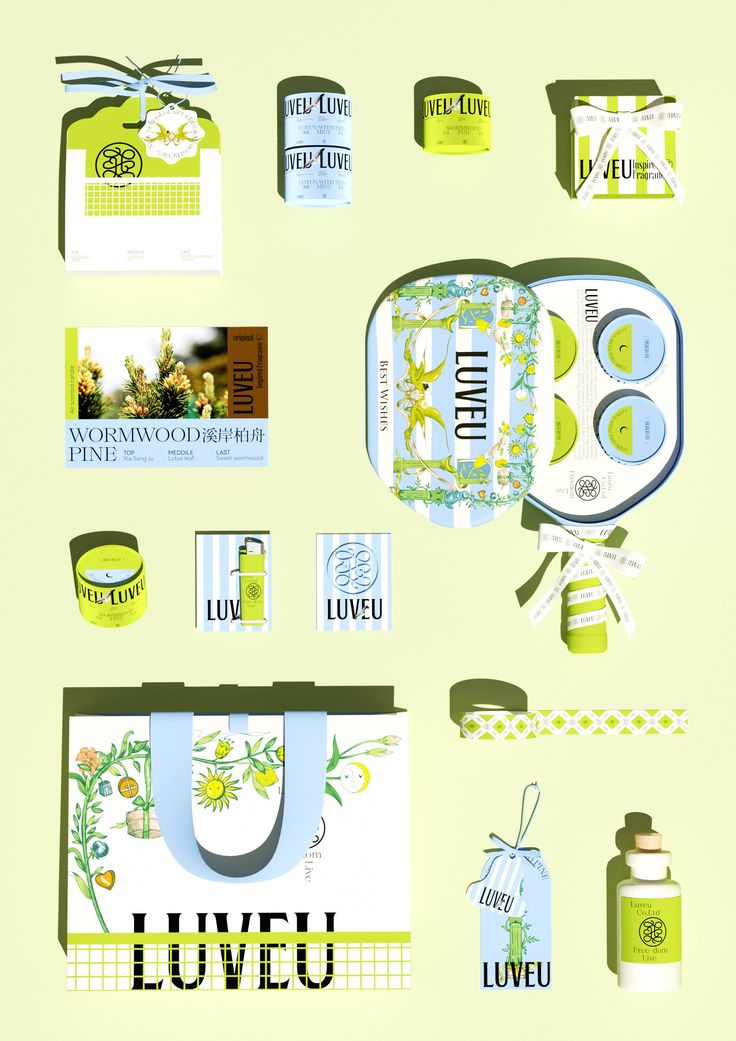 an assortment of items are displayed on a green and white background with the words luveu written below them