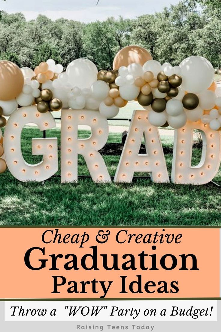 an image of graduation party decorations with the words grad and balloons in front of it