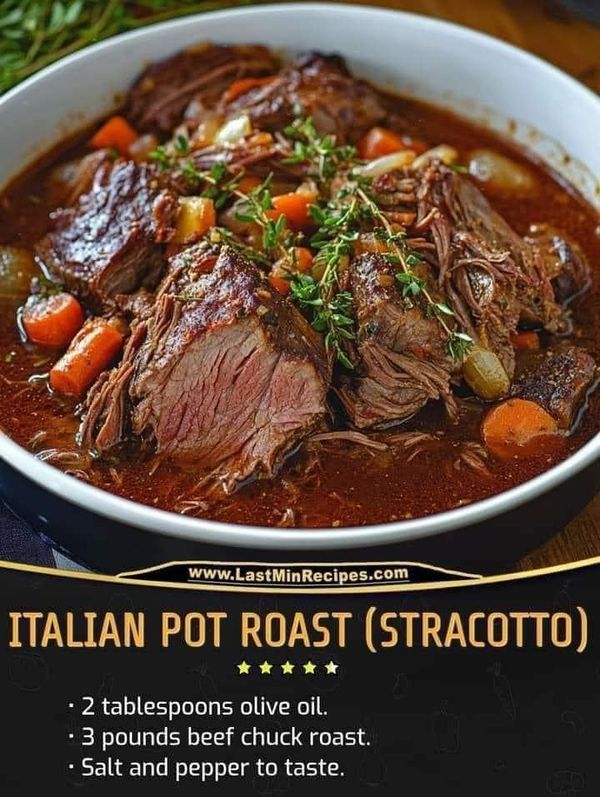 a bowl of beef stew with carrots, potatoes and parsley on the side