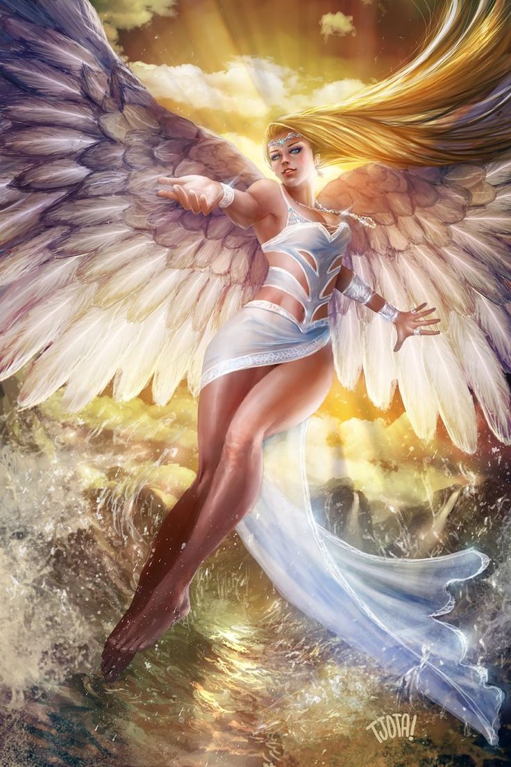 a painting of an angel standing in the water with her wings spread out and outstretched