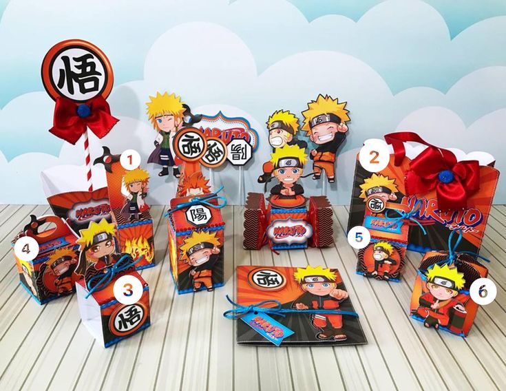 an assortment of naruto themed party supplies including napkins, place cards and decorations