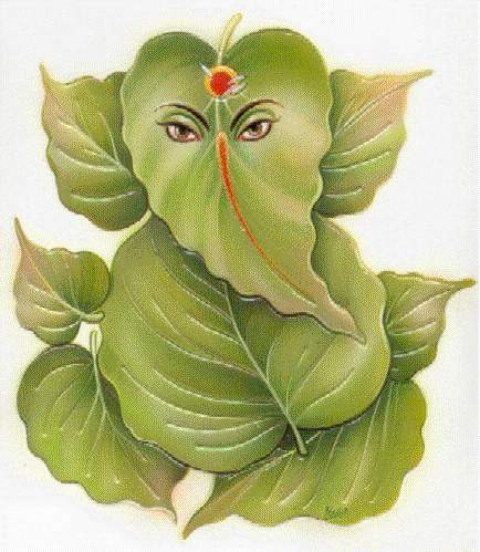 a painting of an elephant with leaves on its head