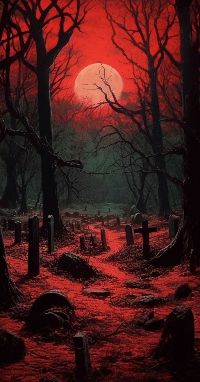 a painting of a cemetery with the sun setting in the background and red light coming from the sky