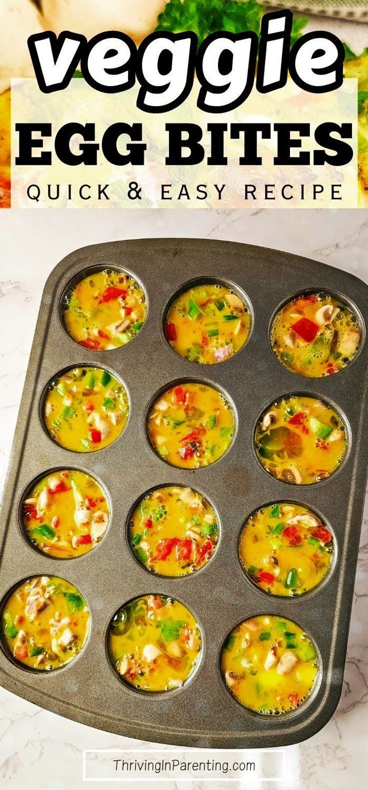 the egg bites recipe in a muffin tin on a marble counter top with text overlay