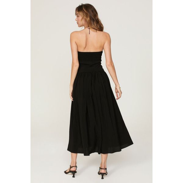 Black rayon blend (77% Rayon, 23% Nylon). A-line. Sleeveless. Halter neck. Side zipper closure. 41" from shoulder to hemline. Imported. Black A-line Strapless Dress For Spring, Rayon A-line Maxi Dress, Sleeveless Fit And Flare Midi Dress For Day Out, Black Sleeveless Rayon Maxi Dress, Chic Lined A-line Strapless Dress, Spring Sleeveless Midi Dress With Back Zipper, Black Sleeveless Dress With Flowy Skirt, Sleeveless Halter Dress With Back Zipper For Spring, Spring Sleeveless Halter Dress With Back Zipper