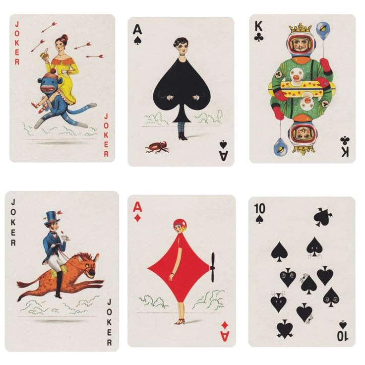 four different playing cards with the same person on one side and two in the other