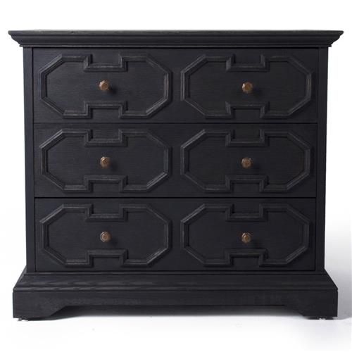 a black chest of drawers with gold knobs on the top and bottom drawer doors