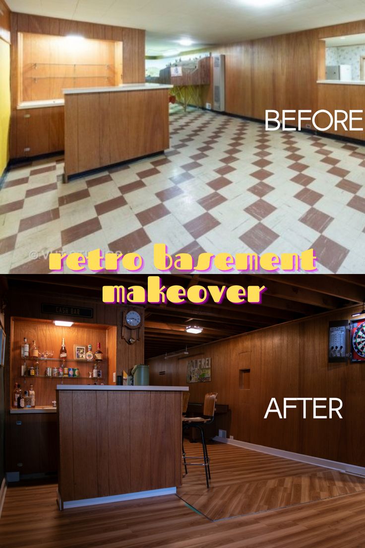 before and after photos of a kitchen remodel with wood cabinets, tile floor