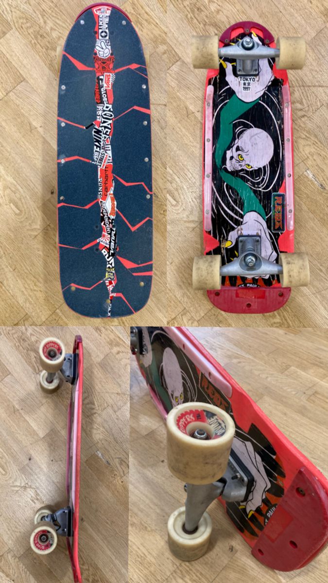 four pictures of skateboards sitting on the floor