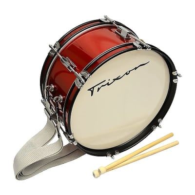 a red and white drum set with two sticks