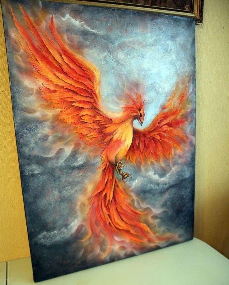 a painting of a bird with orange wings