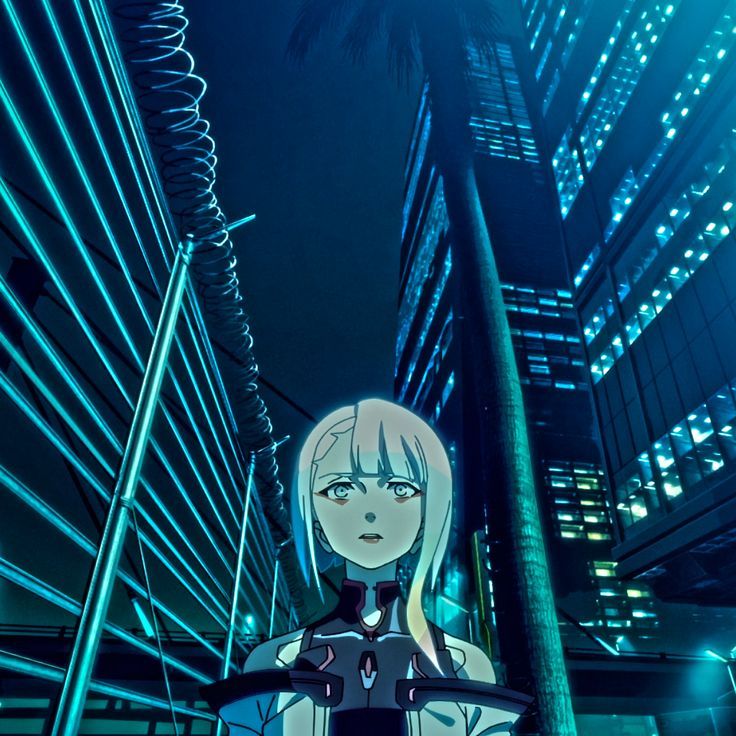 an anime character is standing in the middle of a city at night with neon lights