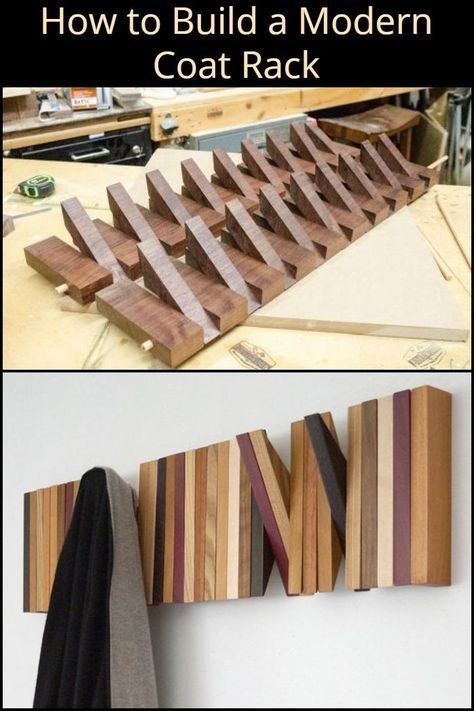 how to build a modern coat rack made from wood and pallet boards with text overlay that reads, how to build a modern coat rack