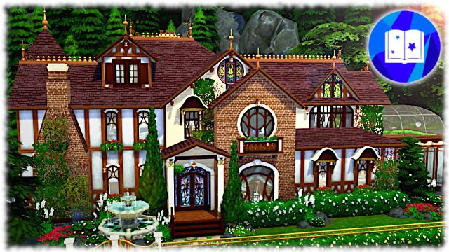 an image of a large house in the middle of some trees and bushes with flowers around it