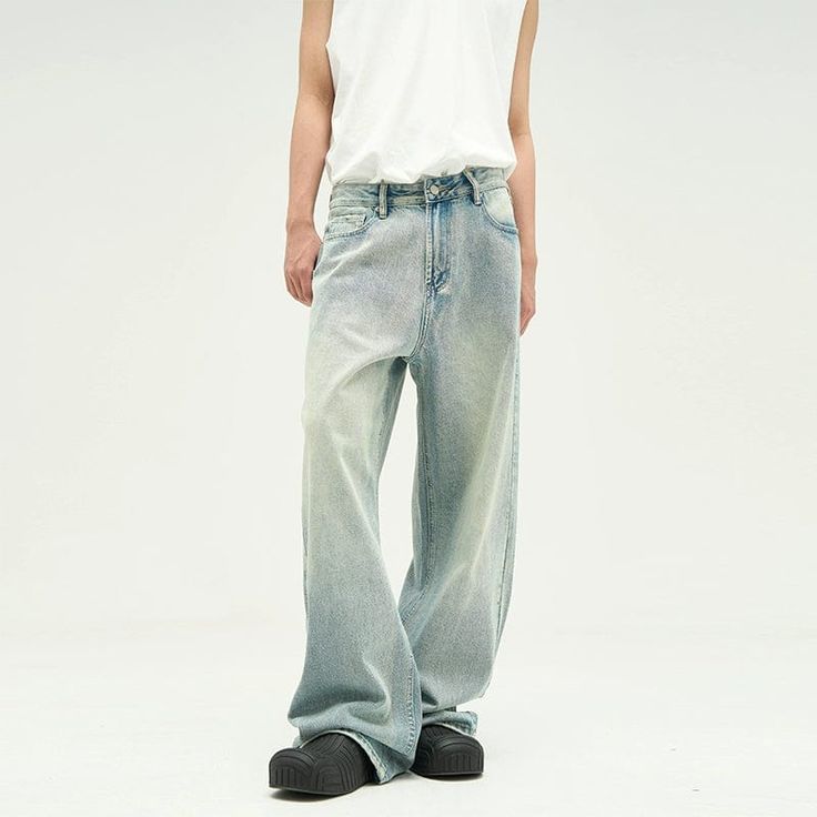 Model is 5ft 10''(178cm) tall, 145 lbs(66kg) weight and wearing a size L168cm 59kg wearing a size M - WHITE BLUE- Denim- Wide straight fit Light Blue Wide Leg Jeans, Blue Wide Leg Jeans, Workwear Brands, Hip Hop Pants, Spring Outfits Men, Jeans Models, Casual Workwear, Oversize Casual, Comfortable Tops