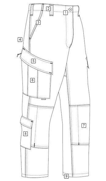 the front and back view of a men's cargo pant with multiple pockets