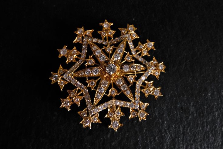 Vintage Straits Chinese pendant brooch set with diamonds in 18k. The diamonds are white and fiery. Refined from Victorian brooches, this star-in-a-flower motif is an East West style Straits Chinese brooches are known for. This piece is considered ornate, the pierced work is a distinct star theme with an elongated star-flower centre. This piece could be older, since it has Chinese hallmarks, seen on the pendant bail hidden at the back. The piece is at the fancier wing of Anglophilia, its Victoria Elegant Star-shaped Wedding Brooch, Elegant Star-shaped Brooch Jewelry, Elegant Star-shaped Jewelry Brooch, Elegant Star-shaped Brooch, Formal Star-shaped Brooch Jewelry, Elegant Star-shaped Brooch For Gift, Elegant Star-shaped Brooches For Gifts, Elegant Star Shaped Brooches For Gift, Modern Jewelry Store