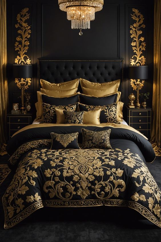 a black and gold bedroom with chandelier, bedding, pillows and curtains