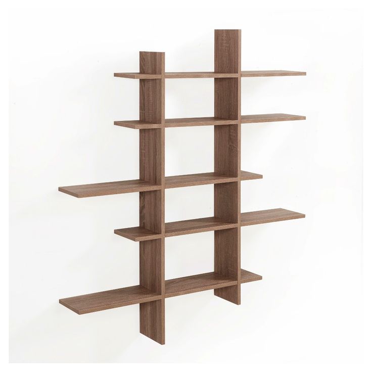 a wooden book shelf with four shelves on each side and one section missing from the wall