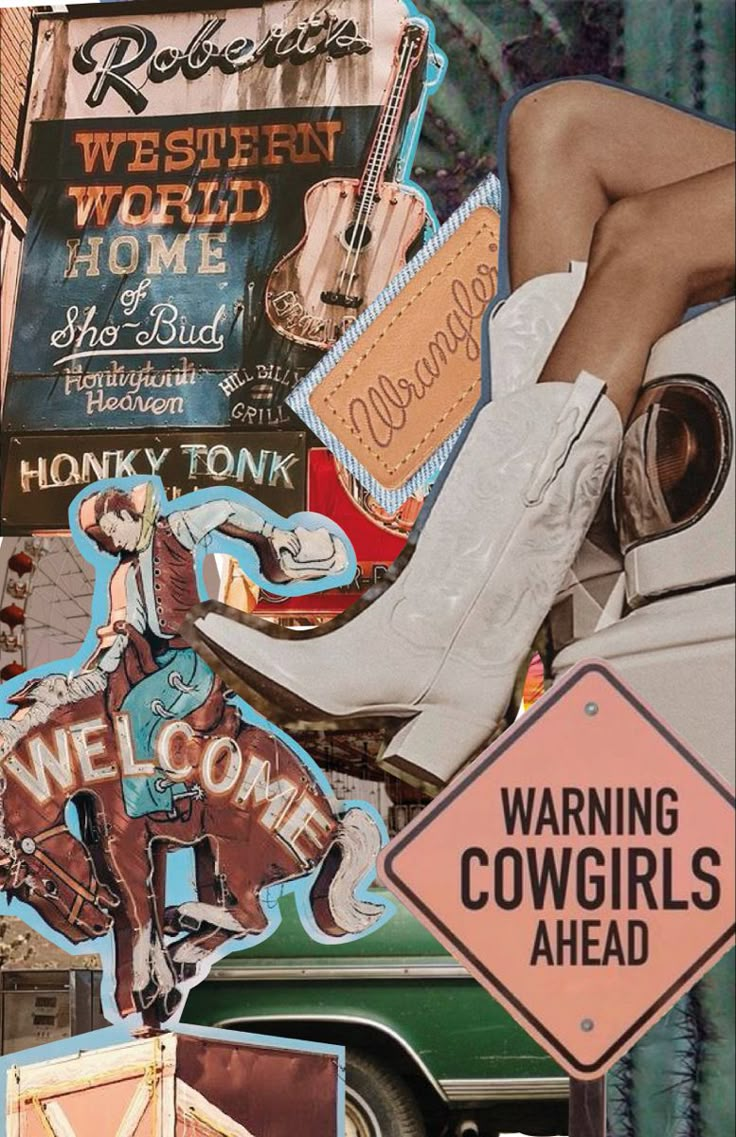 a woman in cowboy boots sitting on top of a green truck next to a sign that says warning cowgirls ahead