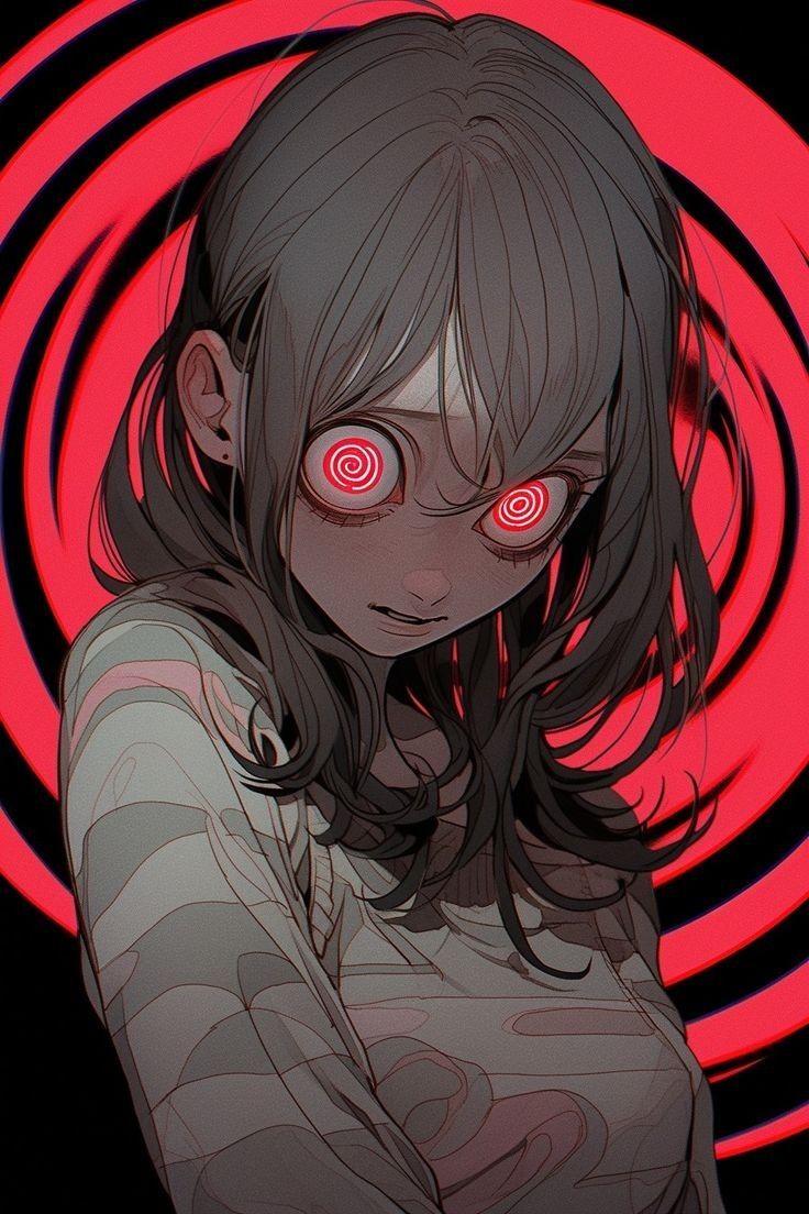 an anime character with red eyes standing in front of a circular background and looking at the camera