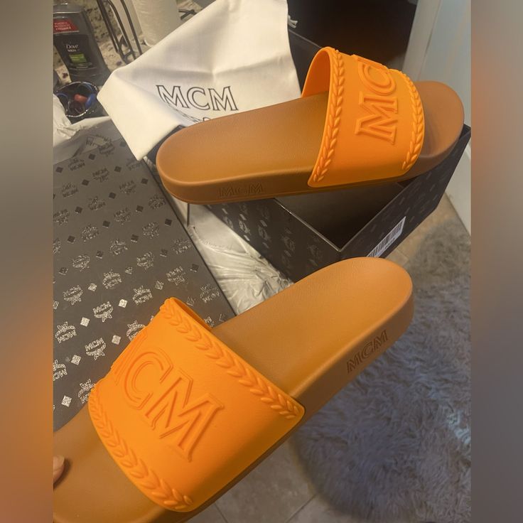 Brand New Mcm Slides Never Worn At All Had Ordered The Wrong Size They Are A Size 11 Men’s New Mcm Slides, Mcm Shoes, Men Slides, Mens Slides, S Monogram, Red Candy, Slides Sandals, Mcm Logo, Monogram Prints