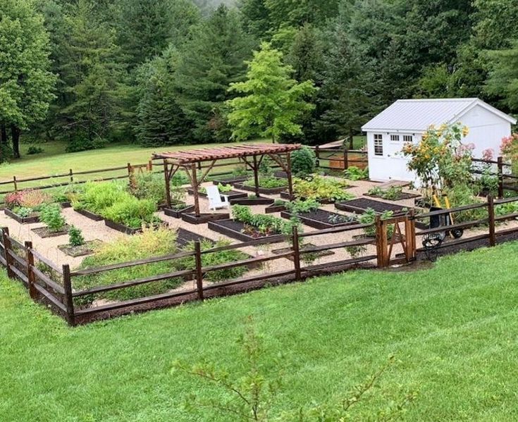 a fenced in vegetable garden with lots of plants