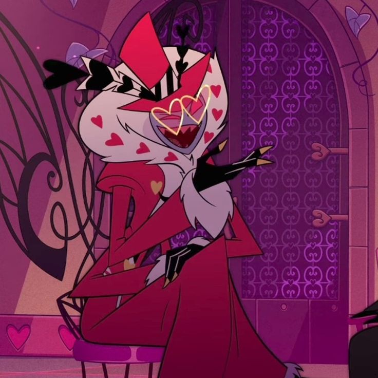 the animated character is dressed in red and black, with hearts on her face as she walks