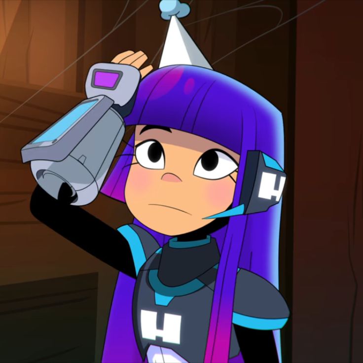 a cartoon character with purple hair holding a camera