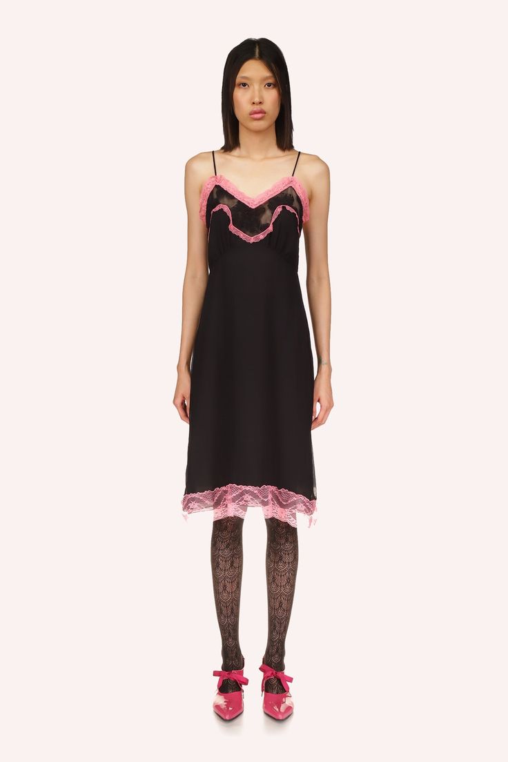 Chiffon Slip Dress Rose, by Anna Sui, offers a dress, black with rose highlight lace a top and bottom Chic Night Dress With Lace Trim, Feminine Silk Slip Dress For Daywear, Chic Sheer Silk Dress, Fitted Silk Chiffon Day Dresses, Fitted Silk Chiffon Dress For Daywear, Sheer Night Slip Dress For Spring, Spring Night Sheer Slip Dress, Sheer Slip Dress For Spring Night, Feminine Silk Night Dress