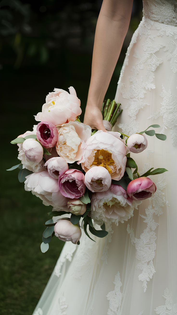 Enchanting Peony & Ranunculus Bouquets Peony Waterfall Bouquet, Peony Flower Wedding Decoration, Bridal Bouquet Roses And Peonies, Garden Rose And Peony Bouquet, April Wedding Bouquet Ideas, Bridal Bouquet Photography, Peonies And Wildflower Bouquet, Bridal Peony Bouquet, Wedding Peony Bouquets