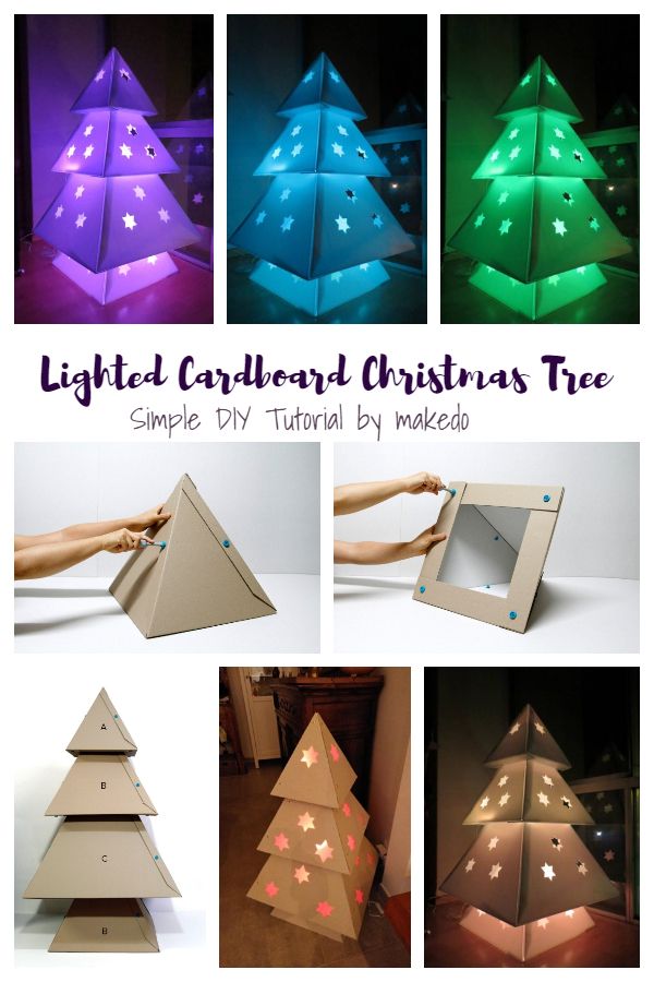 an origami christmas tree made out of cardboard with lights on it and instructions to make