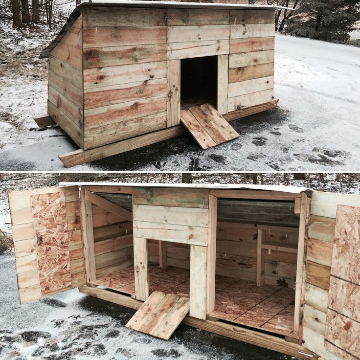 two pictures of the inside and outside of a dog house made out of pallet wood