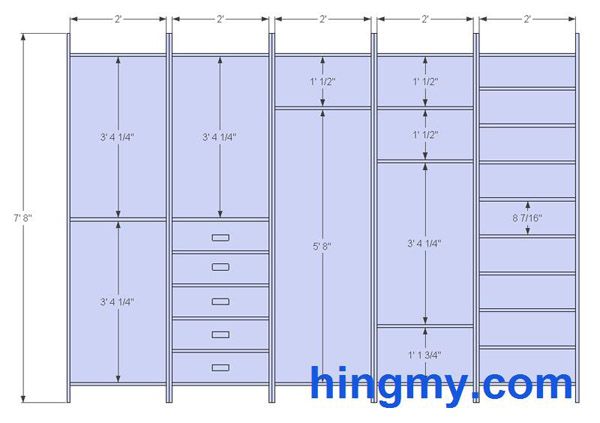 an image of a closet with drawers and measurements