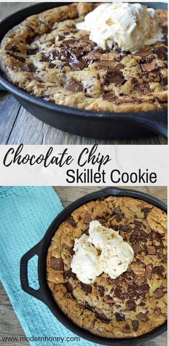 chocolate chip skillet cookie with whipped cream on top