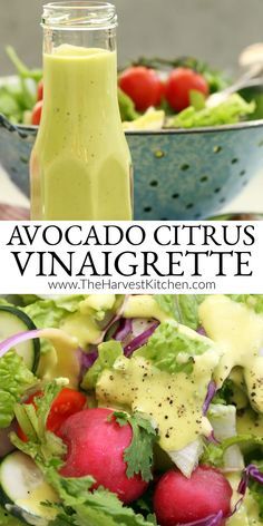 avocado citrus vinaigrette dressing in a glass bottle next to a salad with radishes and cucumbers