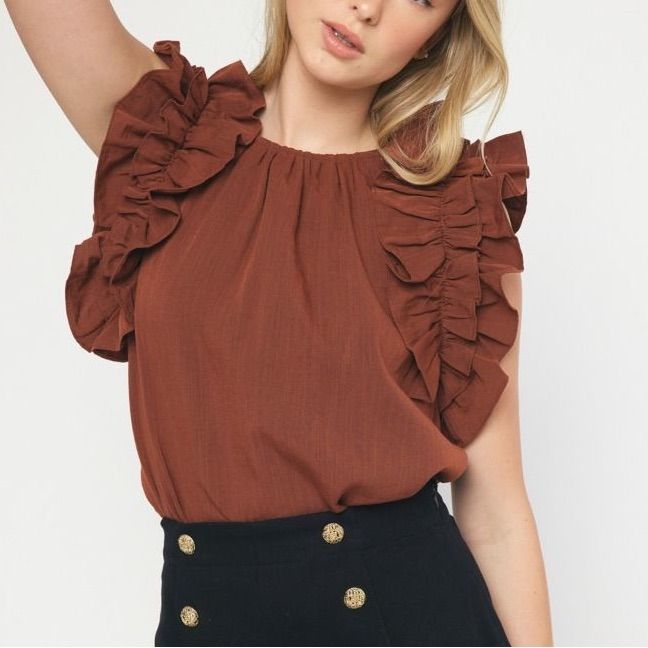 Nwt Rust/Brown Ruffle Top, Color Is A Beautiful Deep Rust/Acorn Brown Small Measures 19” Across From Pit To Pit Laying Flat Or 38” Around Medium Measures 20” Across From Pit To Pit Laying Flat Or 40” Around Large Measures 21” Across From Pit To Pit Laying Flat Or 42” Around Summer Brown Blouse For Brunch, Brown Summer Workwear Blouse, Brown Summer Blouse For Work, Summer Workwear Brown Blouse, Fitted Brown Top For Brunch, Fitted Brown Tops For Brunch, Elegant Brown Blouse For Brunch, Brown Spring Tops For Brunch, Brown Ruffled Blouse For Day Out