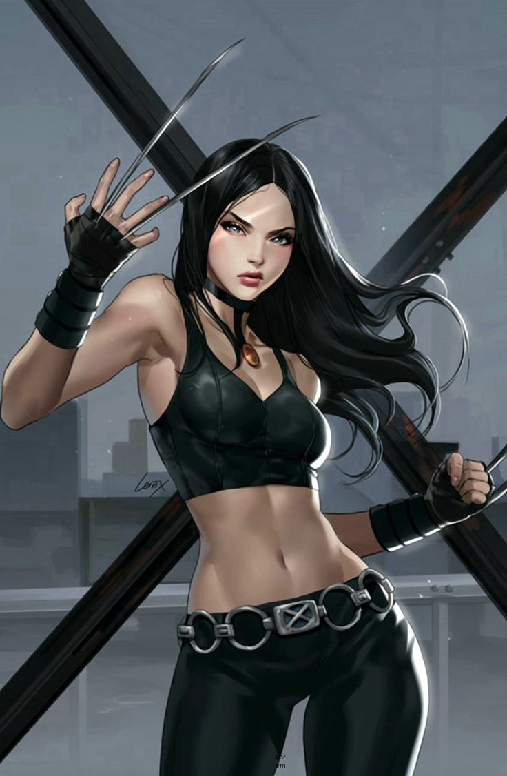 a woman with long black hair and leather clothes holding two swords in her hands, while standing