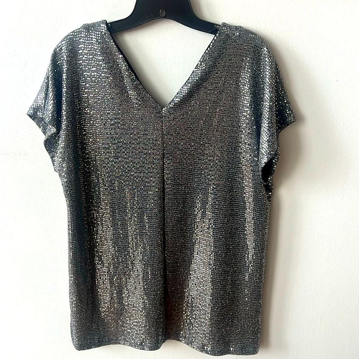 Metallic Silver V-Neck Top Size Small Short Sleeve Over- Sized 45% Nylon 45% Poly 10% Spandex V Neck Is Slightly Lower In Back Brand: Carmela Never Worn Smoke Free Home Chic Silver V-neck Top, Metallic V-neck Top For Summer, Metallic Fitted V-neck Top, Metallic V-neck Top For Evening, Chic Metallic V-neck Top, Metallic V-neck Top For Night Out, Metallic V-neck Top For Party, Silver V-neck Tops For Night Out, Silver V-neck Top For Night Out