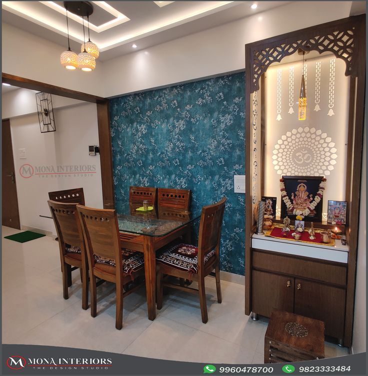 a dining room with blue wallpaper and wooden furniture