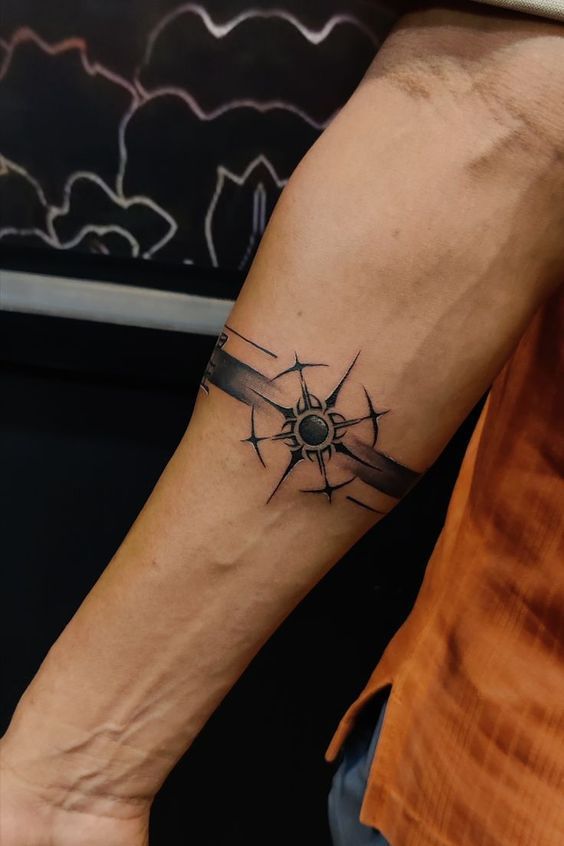 a man's arm with a tattoo on it and a compass in the middle