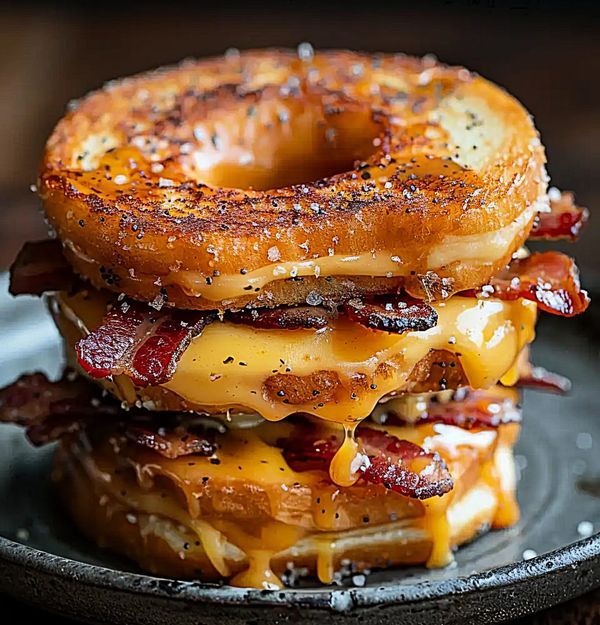 two bacon and cheese bagels stacked on top of each other in a black plate