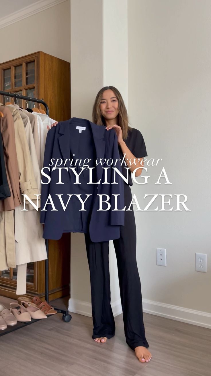 Shop Boyfriend Blazer and other curated products on LTK, the easiest way to shop everything from your favorite creators. Blue Navy Blazer Outfits For Women, Women Navy Blazer Outfit, Navy Monochrome Outfits For Women, Blazer And Button Down Shirt Outfit, Blue Crop Blazer Outfit, Large Blazer Outfit, Navy Office Outfit, Navy Wide Leg Trousers Outfit, Blue Office Outfit