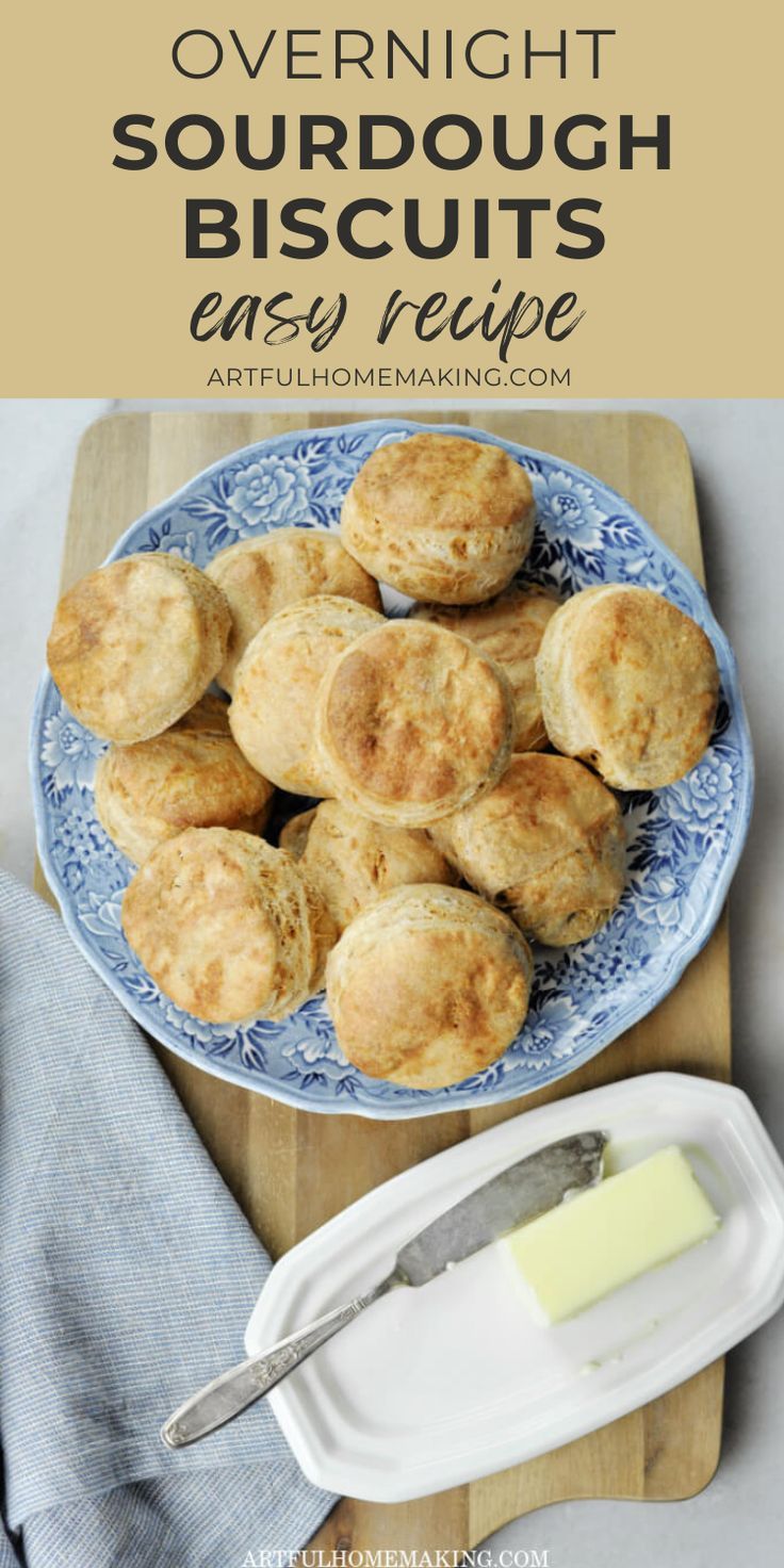 a blue platter piled high with freshly baked sourdough biscuits next to a stick of butrer Sourdough Discard Biscuits, Discard Biscuits, Homemade Biscuit Recipe, Dough Starter Recipe, Sourdough Discard Recipe, Sourdough Starter Discard, Homemade Biscuit, Sourdough Biscuits, Recipe Using Sourdough Starter