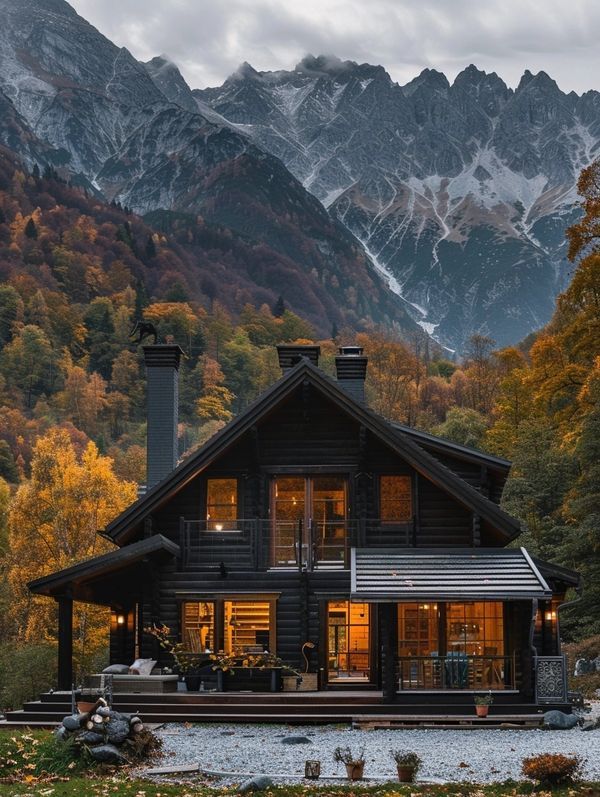 a log cabin in the mountains with lights on and windows lit up at night, surrounded by fall foliage