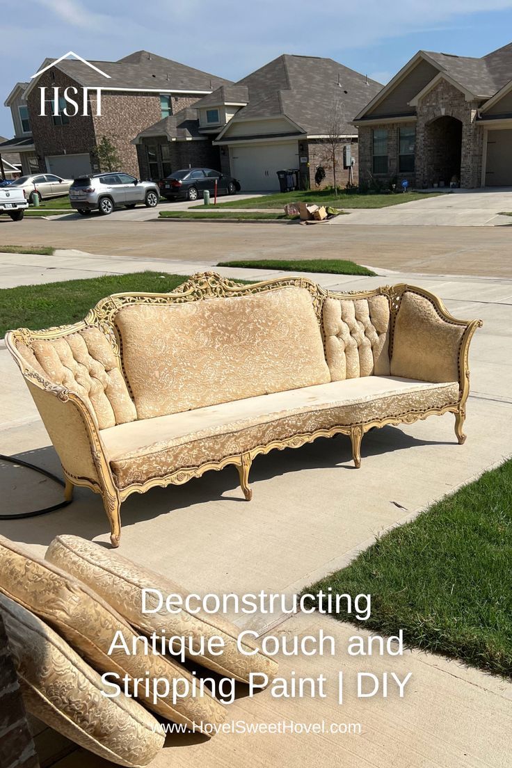 an antique couch and slipping paint diy in front of a house with the words decor