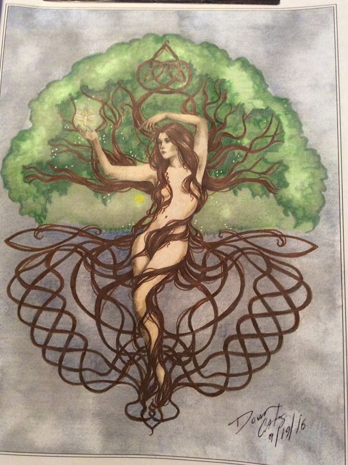 a drawing of a woman holding a tree in her hands and surrounded by swirls