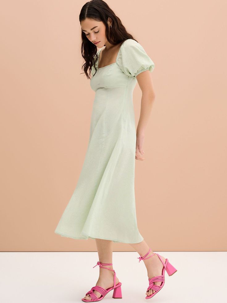 Warmer days call for linen. Wear your linen as a fitted square neck midi dress with elbow length puff sleeves in summers colours. Square Neck Midi Dress, Floral Tea Dress, Linen Midi Dress, Floral Tea, Elbow Length Sleeve, Affordable Clothes, Tea Dress, Bridesmaids Dresses, Linen Dress