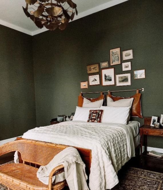 an instagramted photo of a bedroom with green walls and pictures on the wall