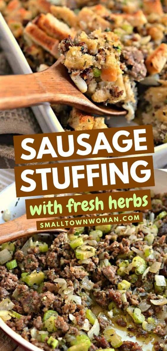 sausage stuffing with fresh herbs in a casserole dish